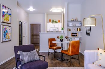 open-concept kitchen and living area at Roosevelt Square luxury apartments